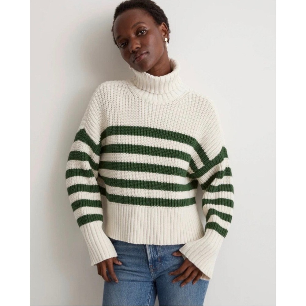 NWOT Madewell Striped Chunky Ribbed Turtleneck Sweater‎ Cream Green Small